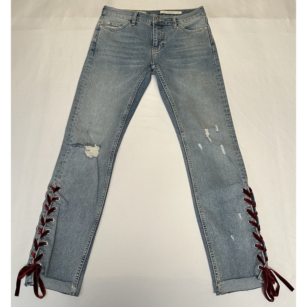 Pilcro Letterpress Slim Straight Jeans Women's 26 Light Wash Lace Up Distressed